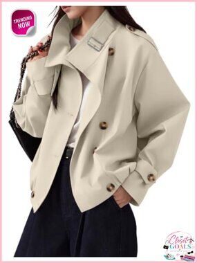 Womens Cropped Trench Coat Button Front Jacket Pockets
